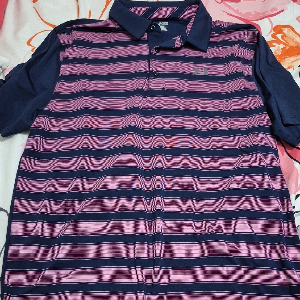 Under Armour Men's Polo Shirt - Pink and Navy Stripes